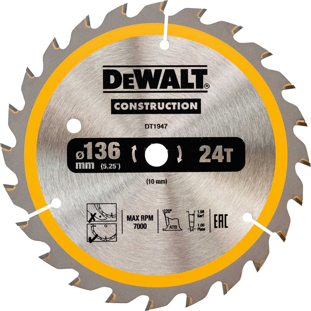 фото Пильный диск construct 136х10 мм, 24т, atb +20град dewalt dt1947