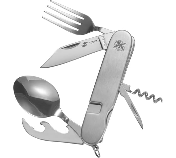 Изображение товара Перочинный нож STINGER 109 мм, 8 функций, рукоять из нержавеющей стали, серебристый, в блистере FK-A106GB-SB