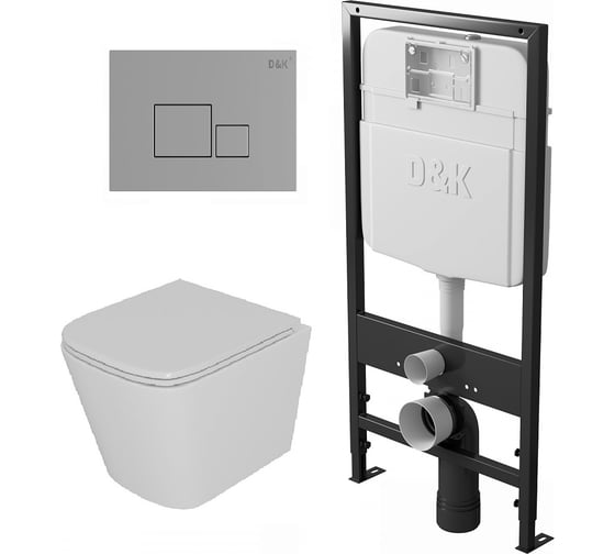 Изображение товара Комплект D&K: Унитаз подвесной безободковый торнадо Berlin DT1436516 белый, инсталляция DI8055119, клавиша DS1431612