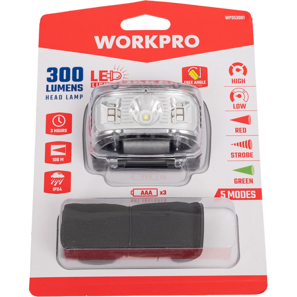 Изображение товара Налобный светодиодный фонарь WORKPRO WE 3AAA LED 300 LM WP353001 профессиональный