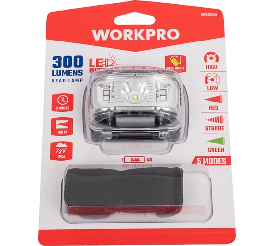 Изображение товара Налобный светодиодный фонарь WORKPRO WE 3AAA LED 300 LM WP353001