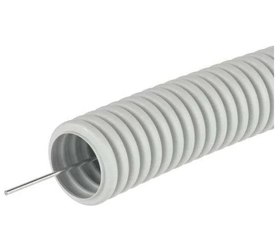 Изображение товара Гофрированная труба Электропласт ПВХ 20мм с зондом ТЯЖЕЛАЯ серая (RAL:7035) 100м, м 20GRPVC100T