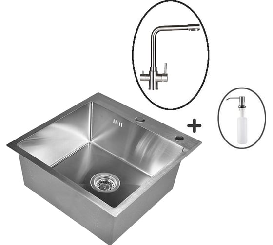 Изображение товара Комплект кухонная мойка из нержавеющей стали WISENT wgs35050 (50x50 см) со смесителем и дозатором WGS35050/WGER013/W405A/W4355-3