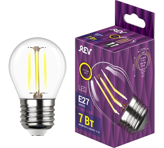 Изображение товара Светодиодная лампа REV FILAMENT шарик, G45, E27, 7Вт, 2700K, DECO Premium 32443 0