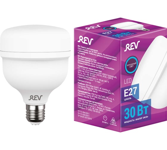Изображение товара Светодиодная лампа REV T80, E27, 30W, 6500K, PowerMax, дневной свет 32417 1
