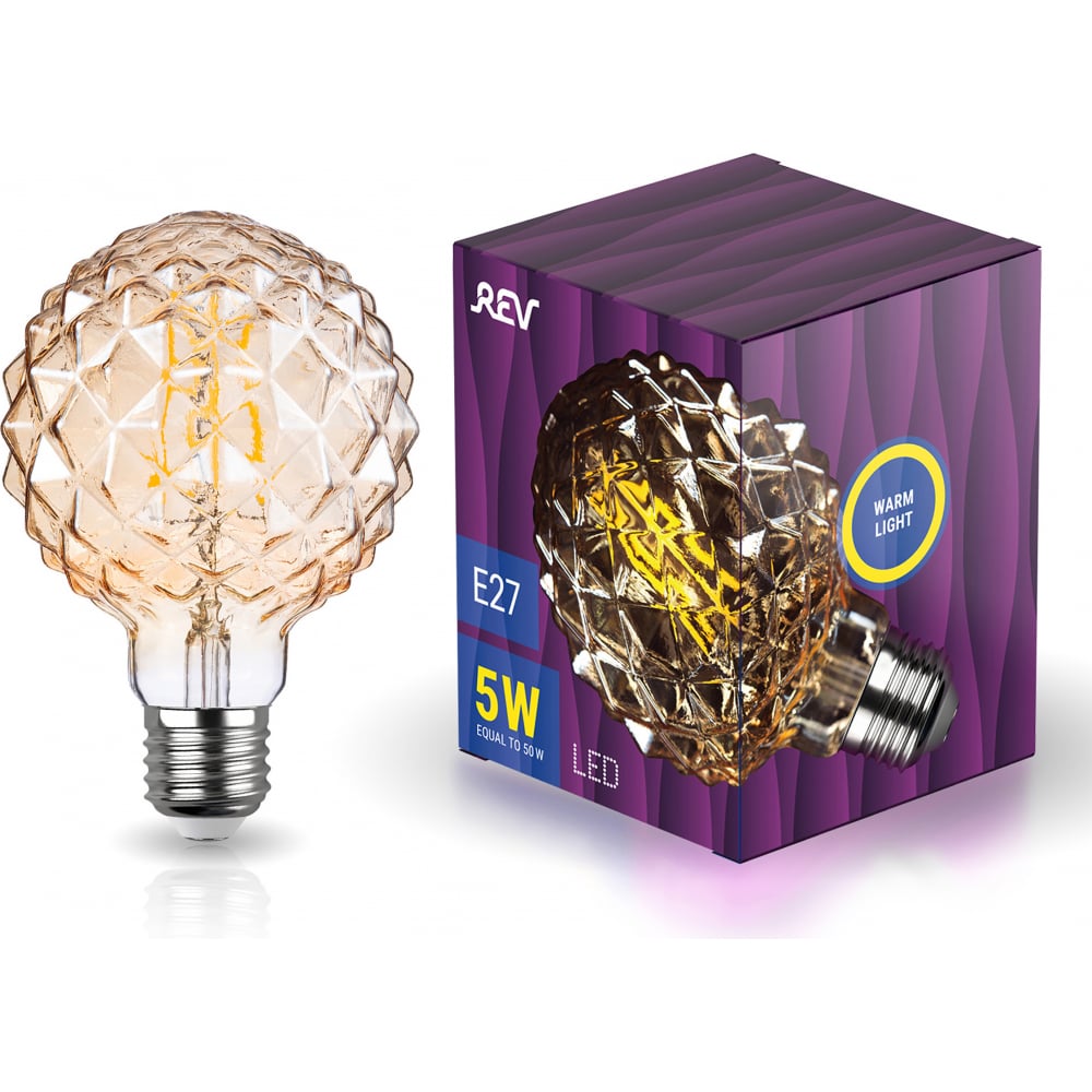 фото Светодиодная лампа rev vintage gold filament колба "кристалл" шар, g95, e27, 5w, 2200k, deco premium, 32448 5