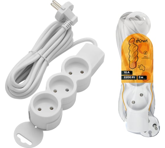 Изображение товара Удлинитель duwi 3 гнезда, без выключателя, без земли, с держателем, 3 м 32002 1