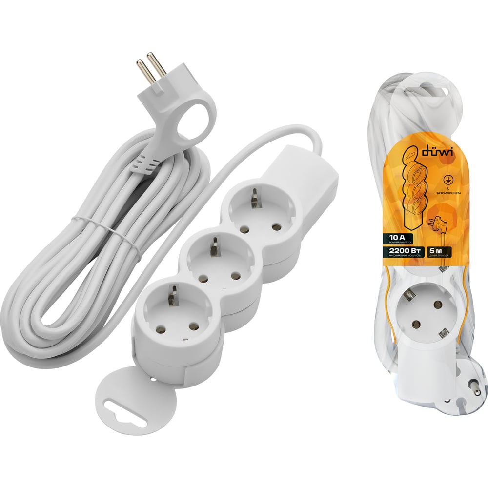 Изображение товара Удлинитель duwi 3 гнезда, без выключателя, с землей, с держателем, 5 м 32006 9