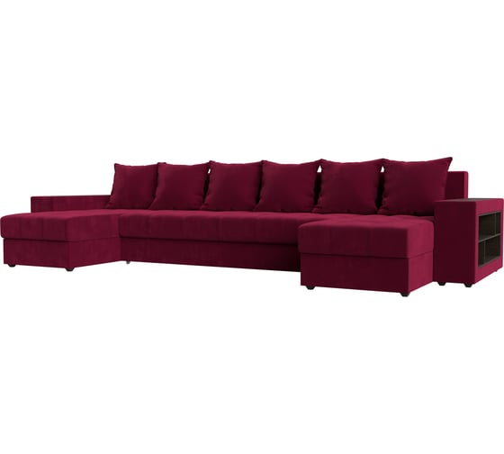 Изображение товара П-образный диван Лига диванов Дубай полки справа полностью микровельвет бордовый 110594R