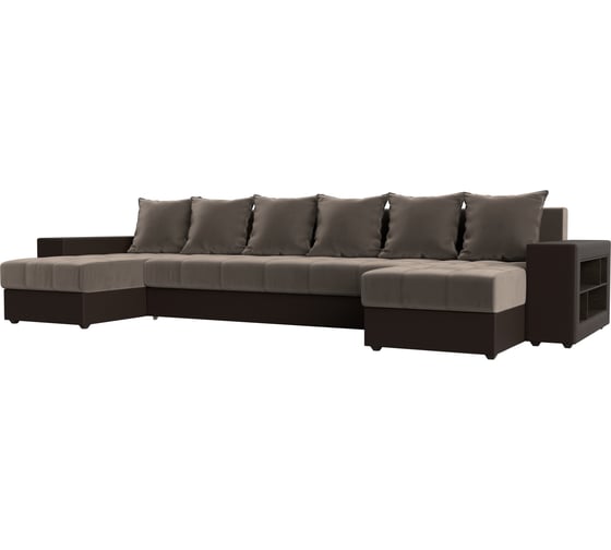 Изображение товара П-образный диван Лига диванов Дубай полки справа основа велюр коричневый, компаньон экокожа коричневая 110615R