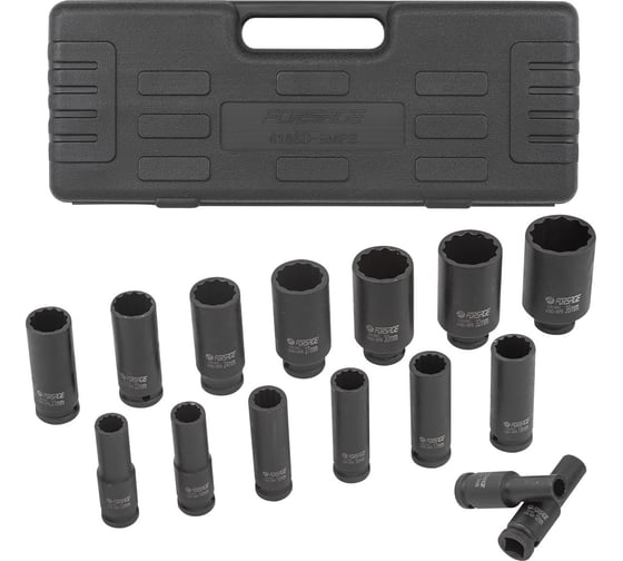 Изображение товара Набор головок ударных глубоких 12-гранных 15 предметов, 1/2" 10,12-17,19,21,22,24,27,30,32,36мм, в пластиковом кейсе Forsage F-4166D-9MPB(52976)
