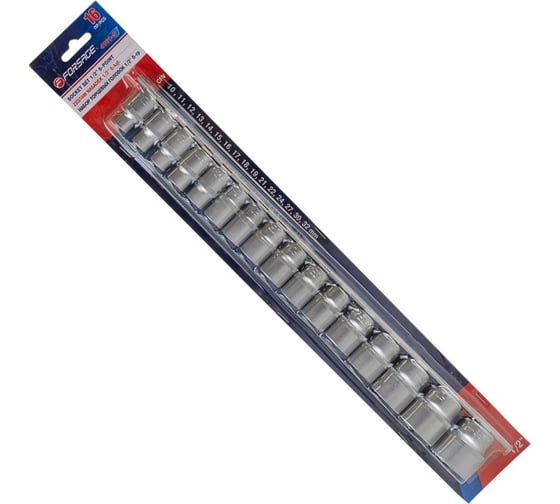 Изображение товара Набор головок шестигранных 16 предметов, 1/2" DR (10, 11, 12, 13, 14, 15, 16, 17, 18, 19, 21, 22, 24, 27, 30, 32 мм на планке) Forsage F-4161-5