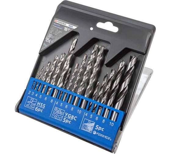 Изображение товара Набор сверл комбинированный 16 предметов (по металлу 2-8 мм; по бетону 4-10 мм; по дереву 4-10 мм; в пластиковом футляре) Forsage F-DBS16M(19776)