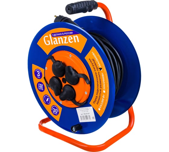 Изображение товара Морозостойкий силовой удлинитель на катушке GLANZEN 4 гнезда 30 м КГ 3х2,5 EB-30-011 00-00005303