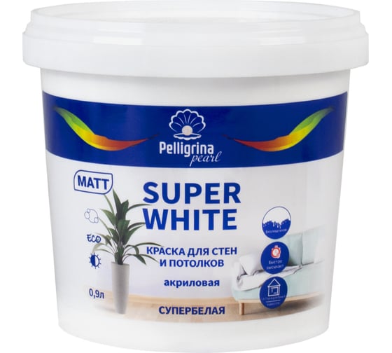 Изображение товара Акриловая краска PELLIGRINA PAINT super white интерьерная, база А, 0.9 л 261959