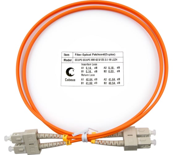 Изображение товара Оптический шнур Cabeus duplex sc-sc 62,5/125 mm 10м lszh FOP-62-SC-SC-10m