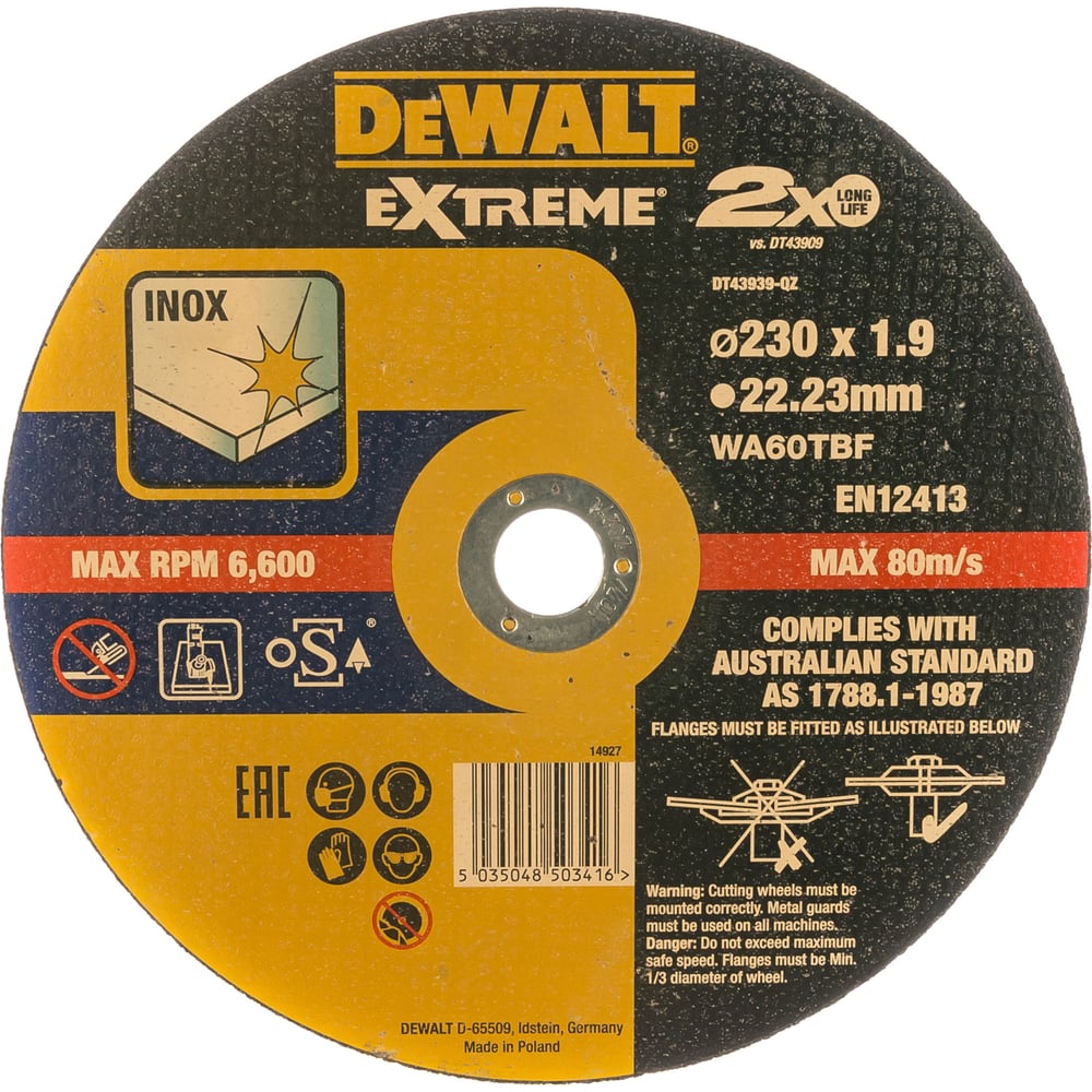 фото Круг отрезной extreme (для нержавеющей стали, 230x22.2x1.9 мм,тип 4) dewalt dt43939