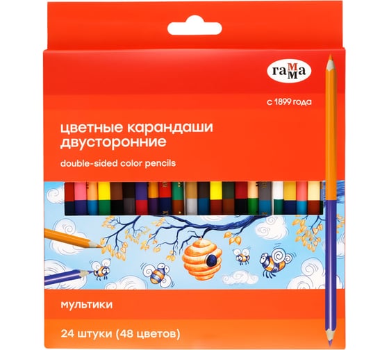 Изображение товара Цветные карандаши Гамма двусторонние мультики, 24шт., 48цв., заточен., картон. упак., европодвес 80220225