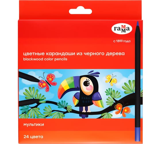 Изображение товара Цветные карандаши Гамма мультики, 24цв., черное дерево,заточен., картон. упак., европодвес 80220222