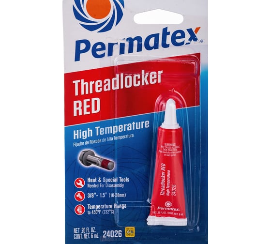 Изображение товара Фиксатор резьбы сильной фиксации PERMATEX красный, высокотемпературный 6мл. 24026