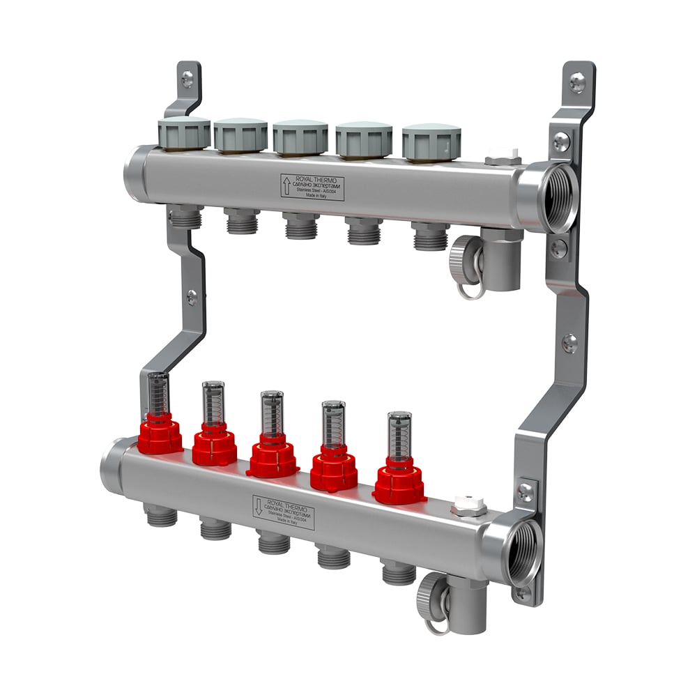 фото Коллектор в сборе royal thermo нержавеющая сталь, с расходомерами 1 вр-3/4 нр, 11 выходов нс-1080960
