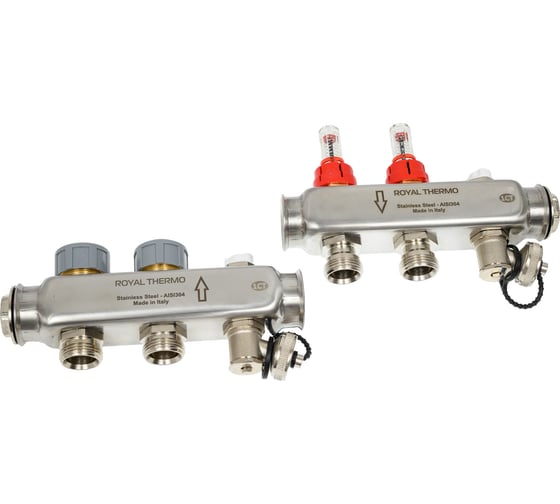 Изображение товара Коллектор в сборе Royal Thermo нержавеющая сталь, с расходомерами 1 ВР-3/4 НР, 2 выхода НС-1080948