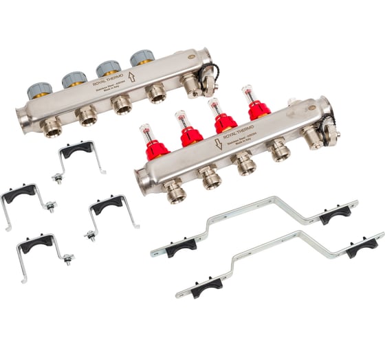 Изображение товара Коллектор в сборе Royal Thermo нержавеющая сталь, с расходомерами 1 ВР-3/4 НР, 4 выхода НС-1080950