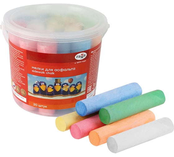 Изображение товара Мелки для асфальта Гамма Мультики цветные, 20шт., 6цв., круглые, пластиковое ведро 1704194