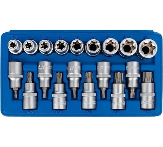 Изображение товара Набор головок и головок со вставками TORX 1/2" DR, 19 предметов VERTUL VR50200