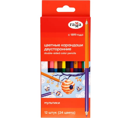 Изображение товара Цветные карандаши Гамма двусторонние мультики, 12шт., 24цв., заточен., картон, европодвес 80220223