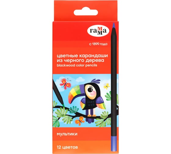 Изображение товара Цветные карандаши Гамма мультики, 12цв., черное дерево,заточен., картон. упак., европодвес 80220221