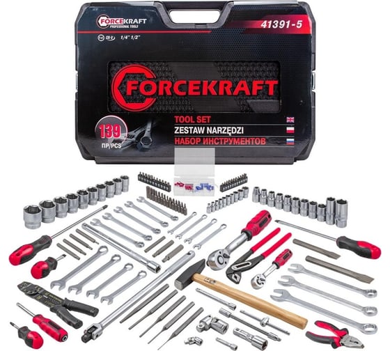 Изображение товара Набор инструментов Forcekraft 139 предметов 1/4", 1/2" (6гр.) (4-32мм) FK-41391-5(56420)