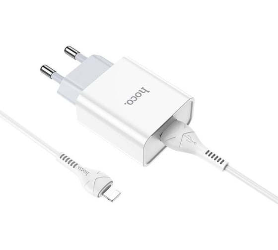 Изображение товара Сетевое зарядное устройство Hoco c81a asombroso 1xusb, 2.1а + usb кабель lightning 8-pin, 1м (белый) 0L-00049102