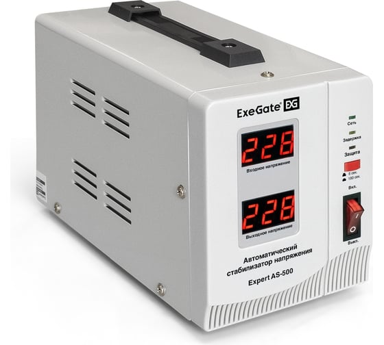 Изображение товара Стабилизатор напряжения ExeGate Expert AS-500 500ВА, вход 140-260В, двойная цифр. индикация вход вых. напряжения, выход 220В-8%, КПД 98%, 5 уровней защиты, заде 291720