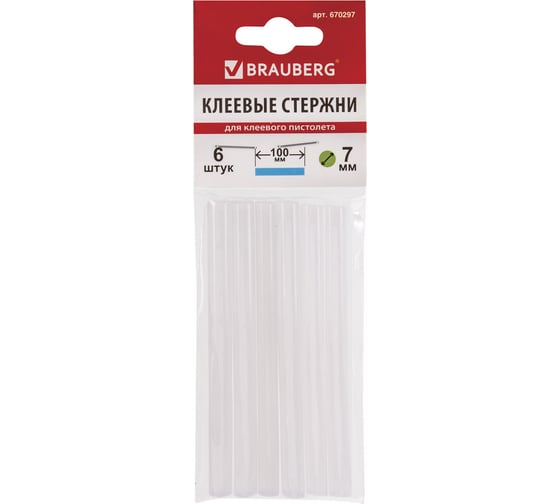 Изображение товара Клеевые стержни, диаметр 7 мм, длина 100 мм, белые, комплект 6 шт. BRAUBERG 670297