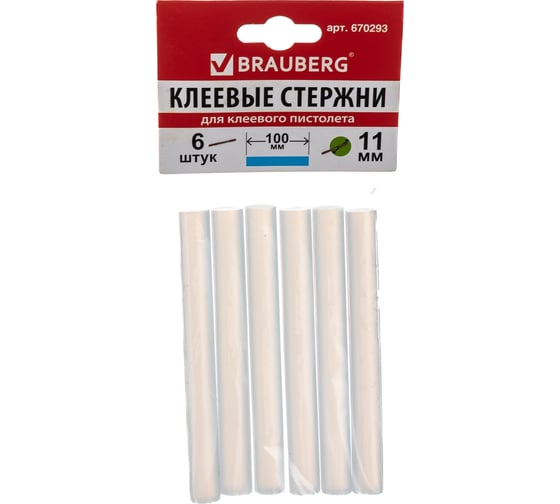 Изображение товара Клеевые стержни, диаметр 11 мм, длина 100 мм, прозрачные, комплект 6 шт. BRAUBERG 670293