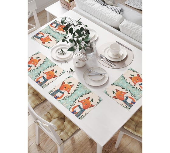 Изображение товара Салфетки на стол для сервировки JoyArty прямоугольные, плейсмат Уютный лисенок, 32x46 см, в комплекте 4шт. np_425006