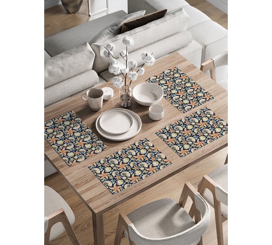 Изображение товара Набор прямоугольных тканевых салфеток на стол для сервировки JoyArty Морские ракушки плейсмат, 30x46 см, 4шт. ser002_423820_30x46