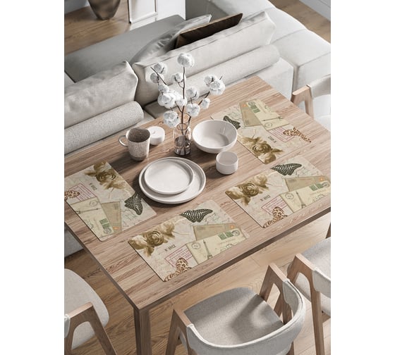 Изображение товара Набор прямоугольных тканевых салфеток на стол для сервировки JoyArty Письмо и бабочки плейсмат, 30x46 см, 4шт. ser002_29953_30x46