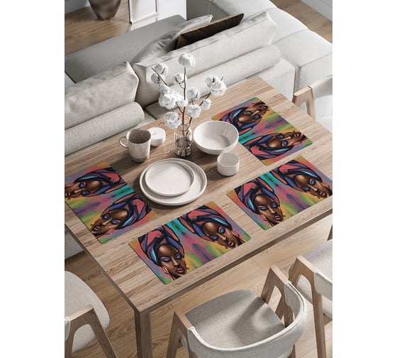 Изображение товара Набор прямоугольных тканевых салфеток на стол для сервировки JoyArty Африканка плейсмат, 30x46 см, 4шт. ser002_425003_30x46