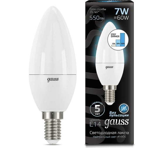 Изображение товара Лампа Gauss LED Свеча E14 7W 550lm 4100К step dimmable 103101207-S