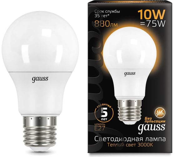 Изображение товара Лампа Gauss LED A60 10W E27 880lm 3000K 102502110