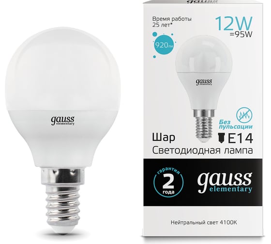 Изображение товара Светодиодная лампа Gauss Elementary Шар 12W 920lm 4100K Е14 LED 1/10/100 53122
