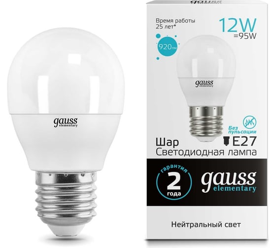 Изображение товара Лампа Gauss LED Elementary Шар 12W 920lm E27 4100K 53222