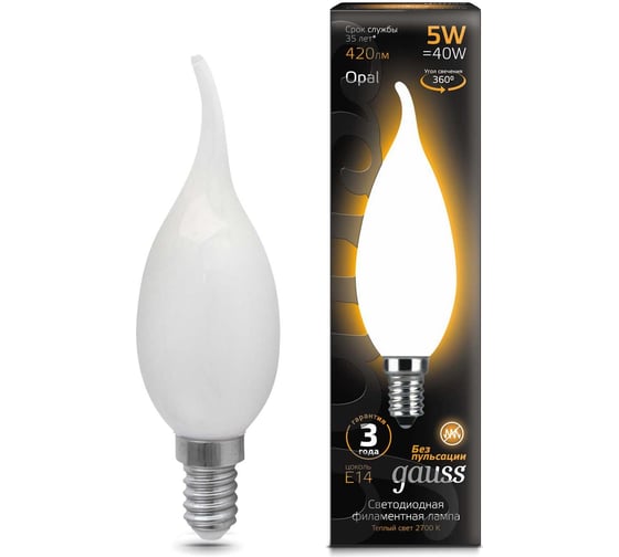 Изображение товара Лампа Gauss LED Filament Свеча на ветру OPAL E14 5W 420Лм 2700К SQ 104201105
