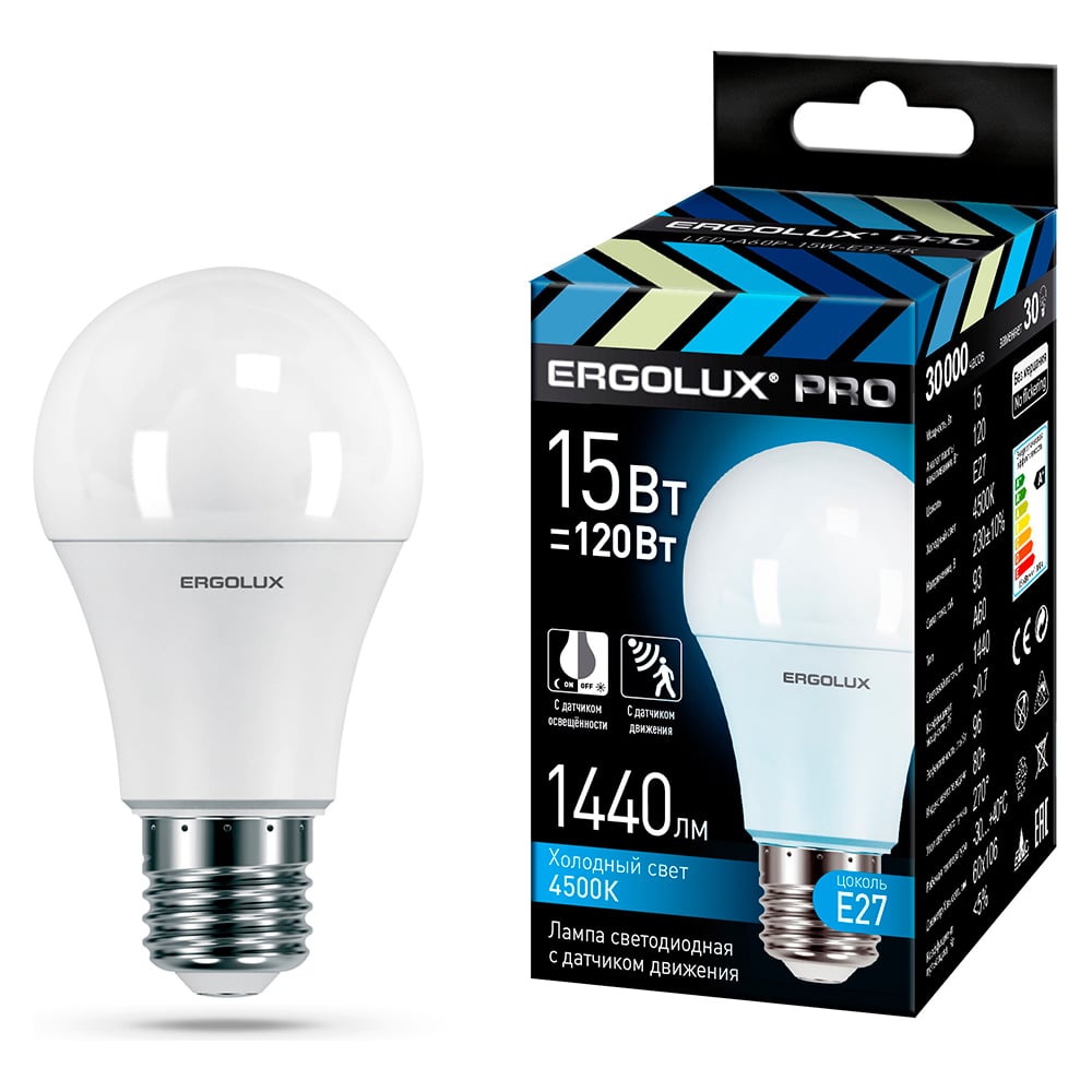 Изображение товара Электрическая светодиодная лампа Ergolux Led-a60p-15w-e27-4k pro, лон 15вт е27 4500к 220-240в с датчиками 14763