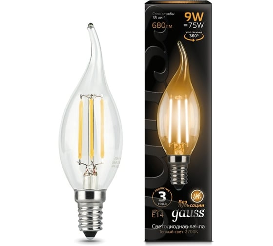 Изображение товара Лампа Gauss LED Filament Свеча на ветру E14 9W 680Лм 2700K SQ 104801109
