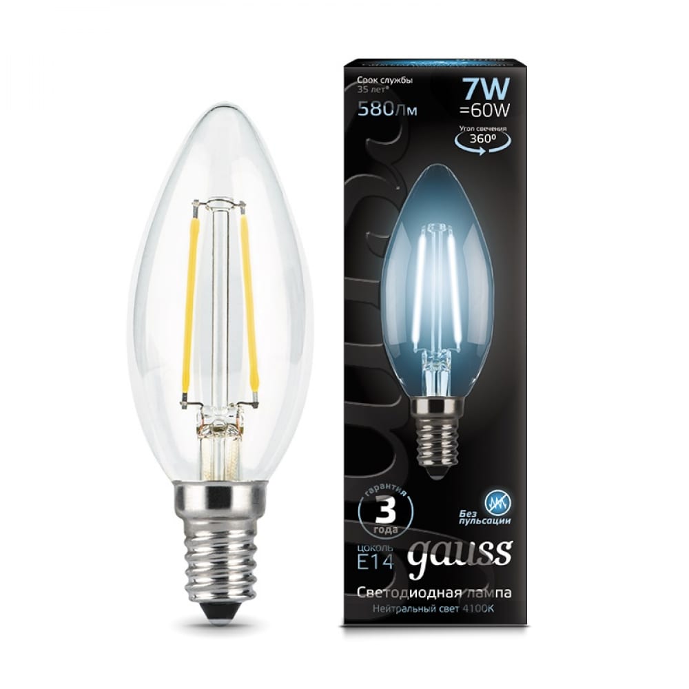 фото Лампа gauss led filament свеча e14 7w 580lm 4100к 103801207