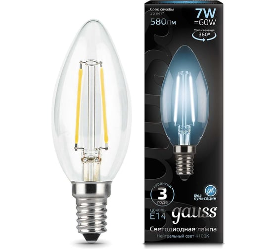 Изображение товара Лампа Gauss LED Filament Свеча E14 7W 580Лм 4100К SQ 103801207