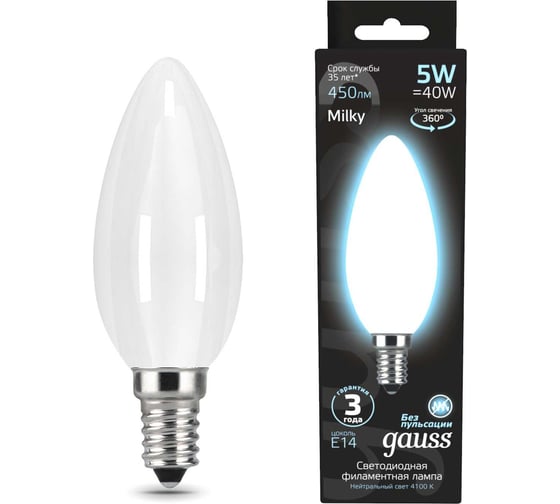 Изображение товара Лампа Gauss LED Filament Свеча OPAL E14 5W 450Лм 4100К SQ 103201205